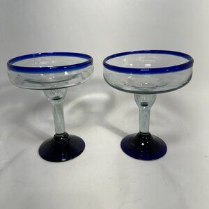 Margarita Glasses Cobalt Blue Rim Mexican Hand Blown Thick Glass Set of 2 #1